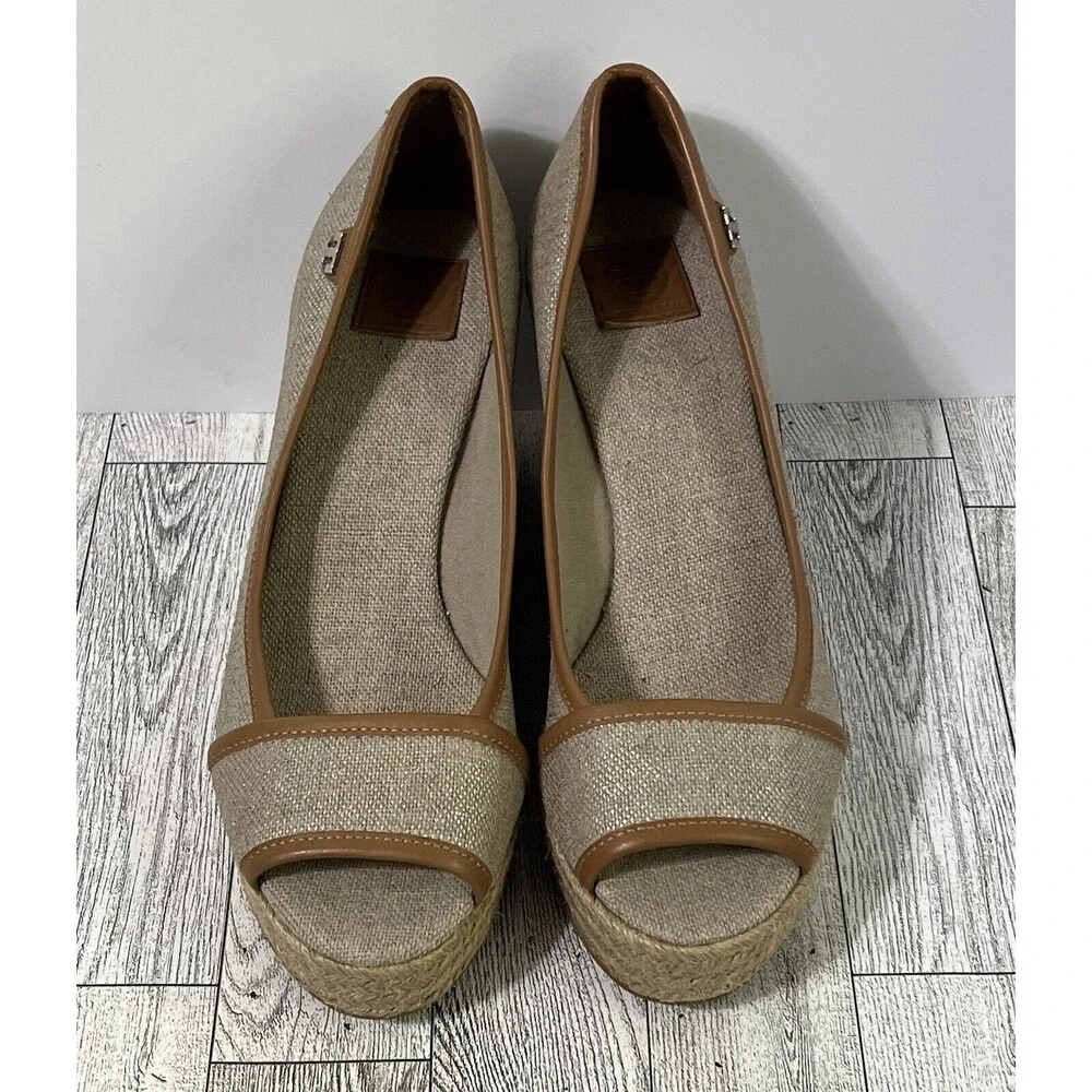 Tory Burch Beige and Brown Espadrille Wedge Peep-Toe